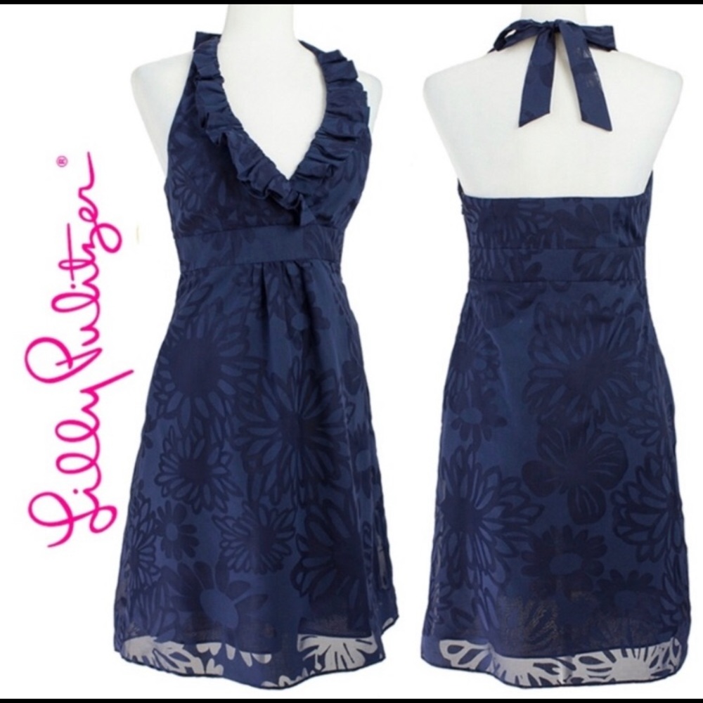 Lilly Pulitzer Navy Blue Floral Halter Dress